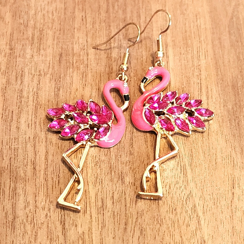 Pink Flamingo Drop Earrings Gold Tone Enamel Crystal Tropical Bird Dangle 2.75"